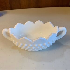 Fenton 3633 Milk Glass Hobnail Oval Nut Dish 2-Handle 1964-1980+
Signed